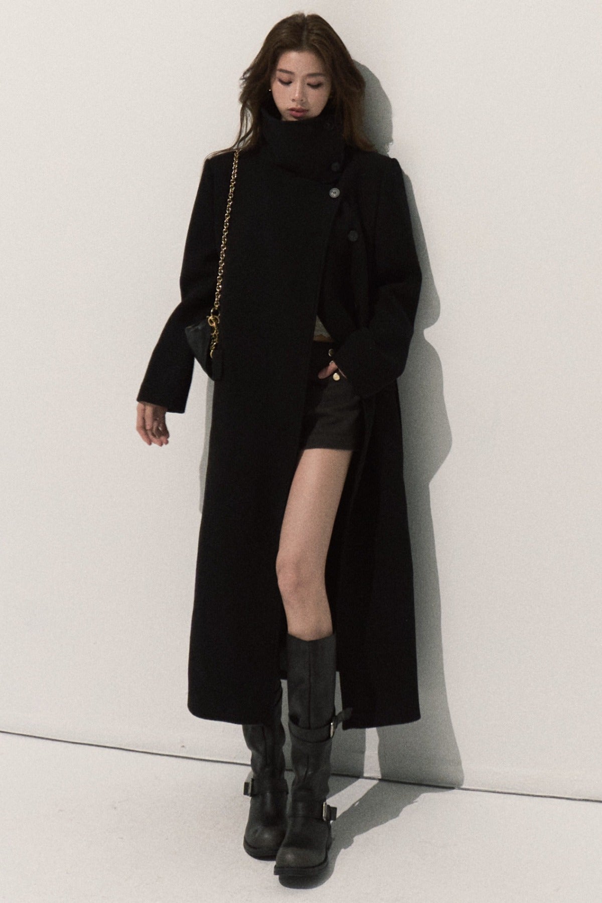 Manteau long en laine à col cheminée