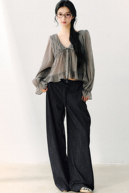 Pleated Washed Wide Leg Jeans