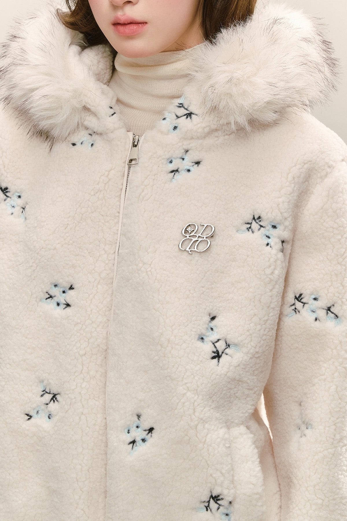 Hooded Embroidered Plush Fur Collar Jacket