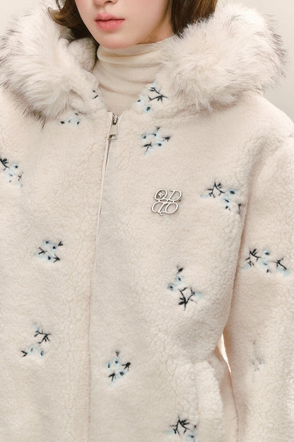 Hooded Embroidered Plush Fur Collar Jacket