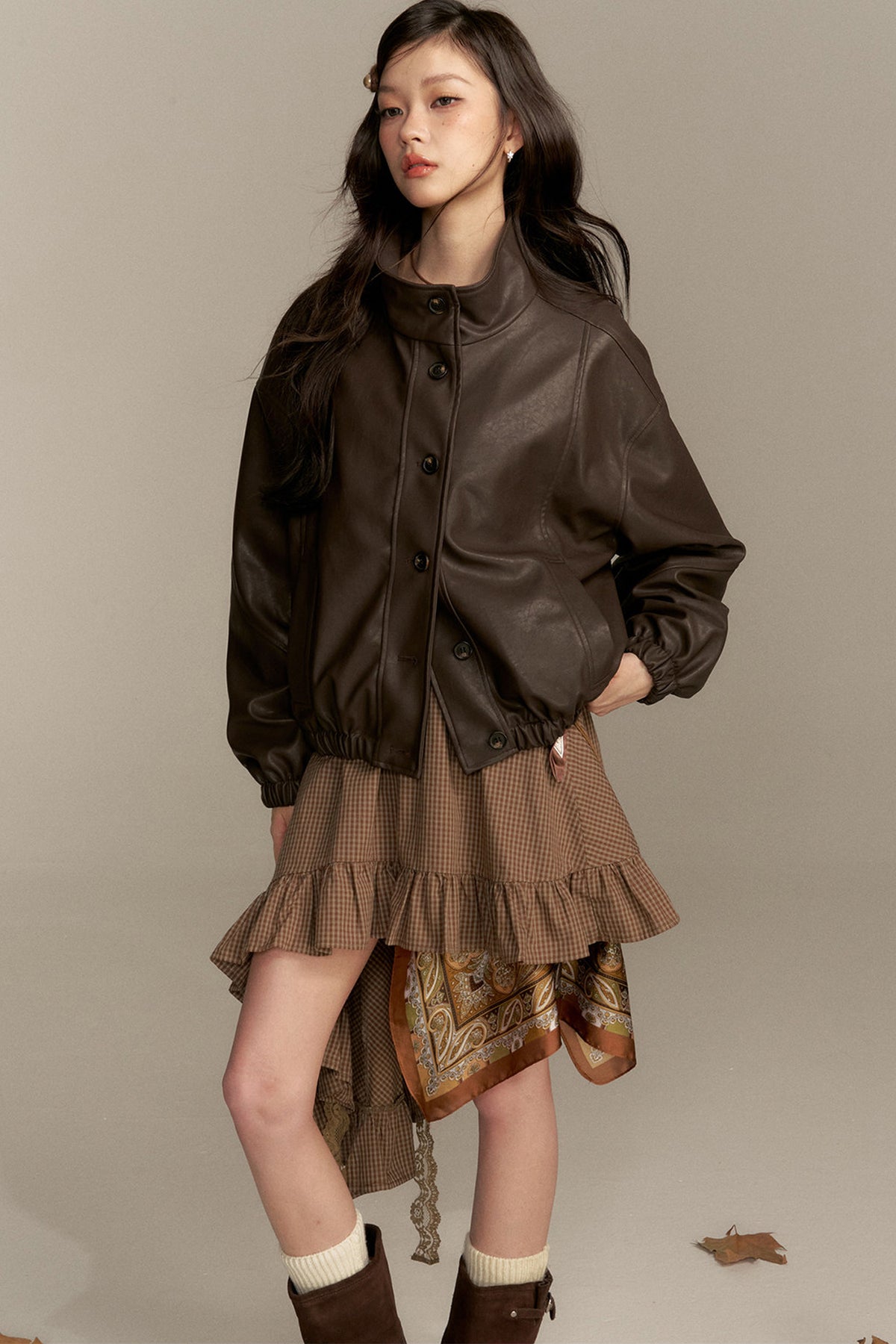 Barn Style Stand Collar Short Leather Jacket