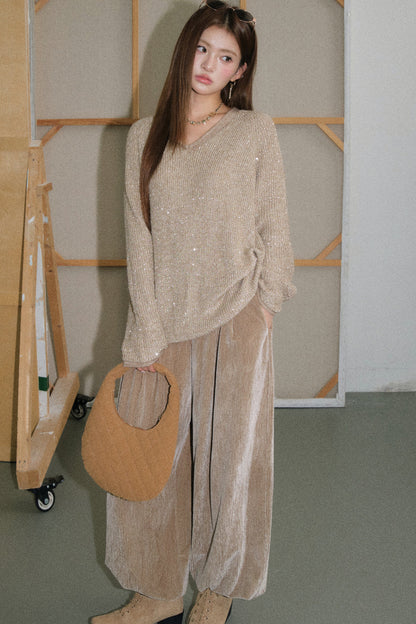 Shimmering Oat Camel Knit Top and Shorts Set-Up