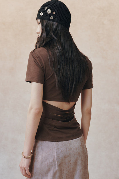 Backless Pleated Hollow-Out Short-Sleeve T-Shirt