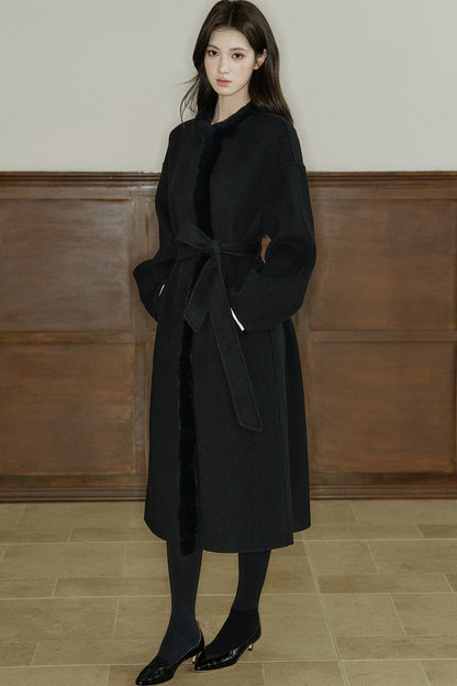 Rabbit Fur Placket Wool Coat