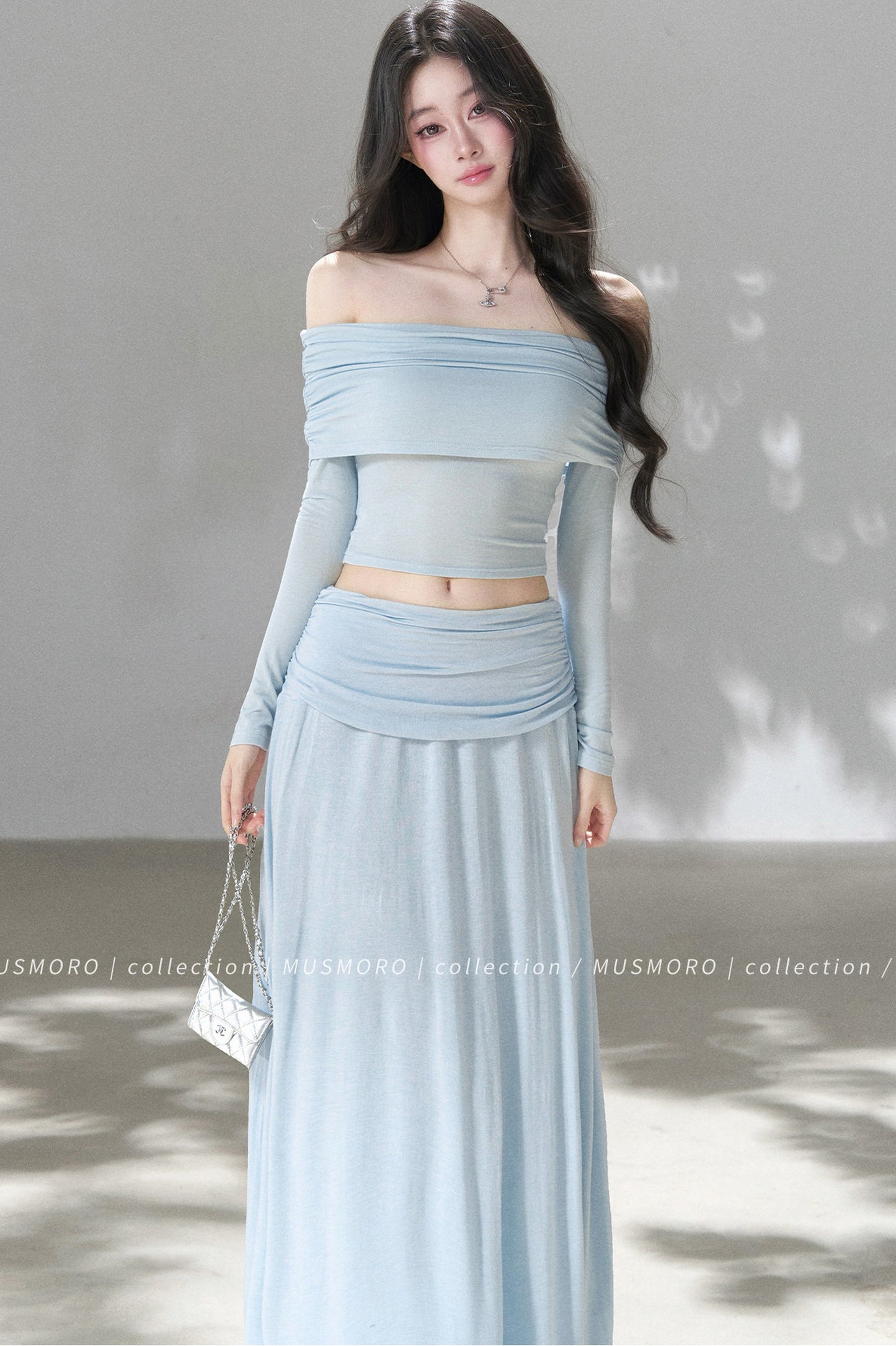 Pleated One-Shoulder Knit and Skirt Set-Up