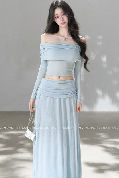 Pleated One-Shoulder Knit and Skirt Set-Up