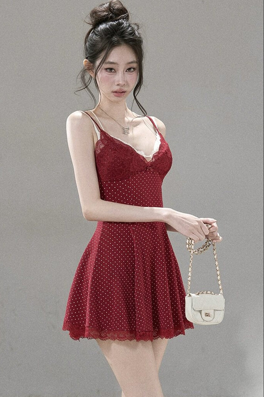 Lace Patchwork Polka Dot Print Dress