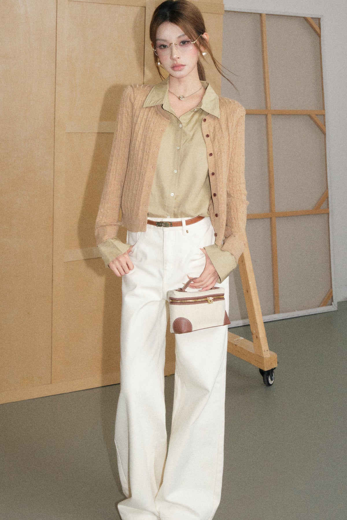 Cable Knit Layered-Look Cardigan and White Pants Set-Up