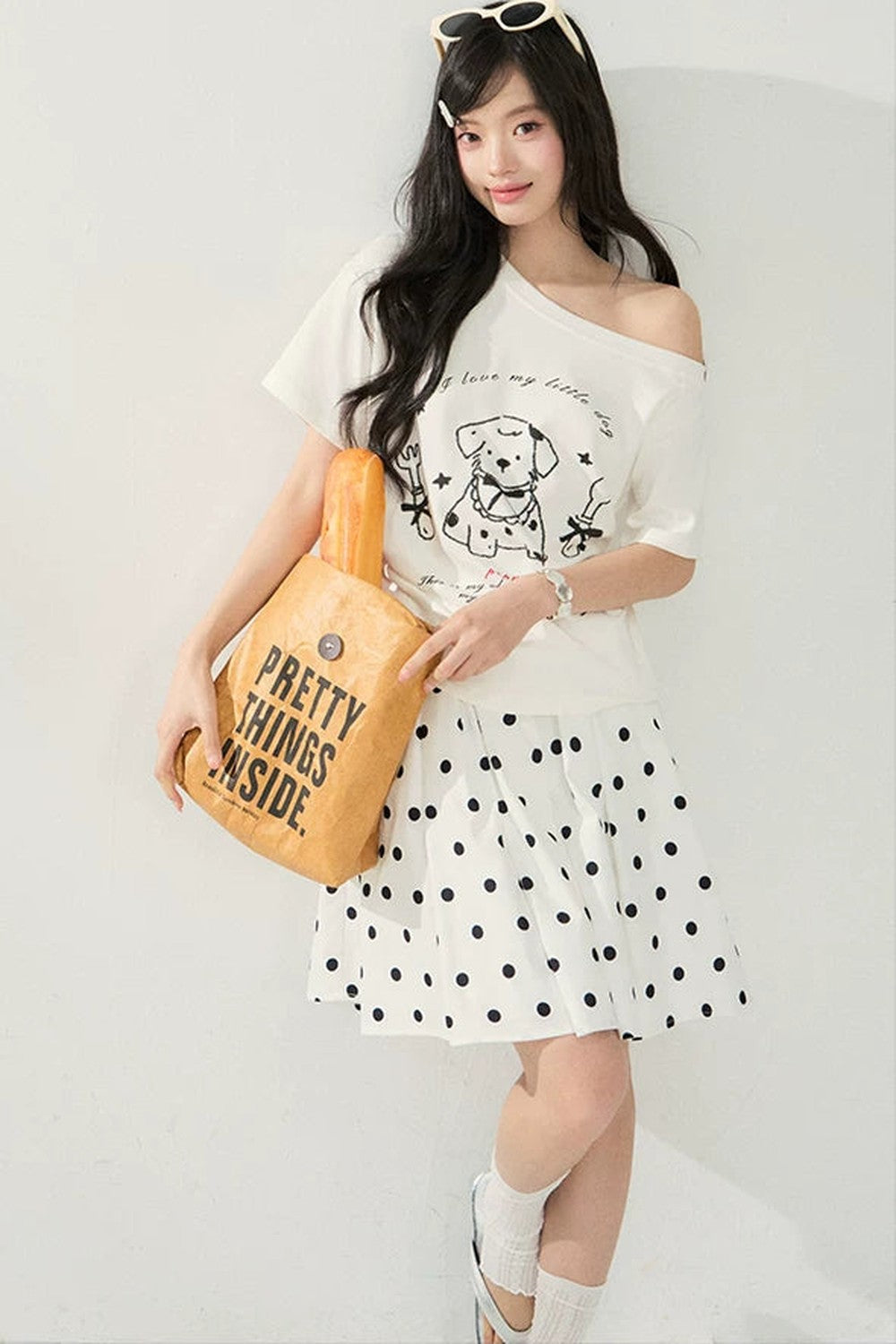 White Puppy Print Off-Shoulder Tee