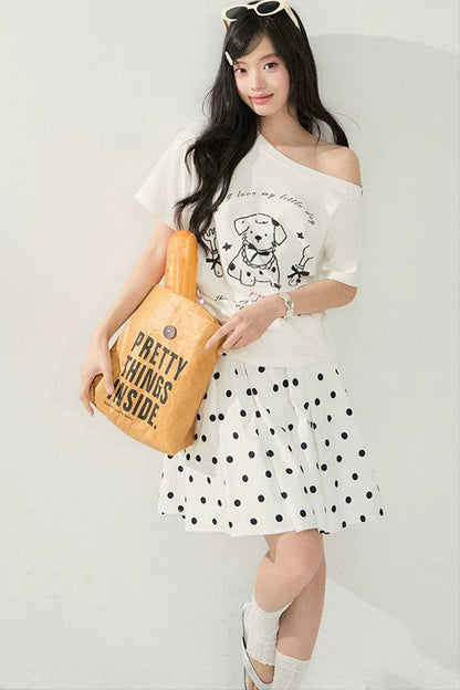 White Puppy Print Off-Shoulder Tee