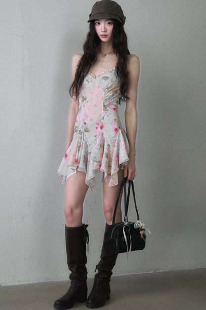 Asymmetrisches Trägerkleid mit Blumenprint