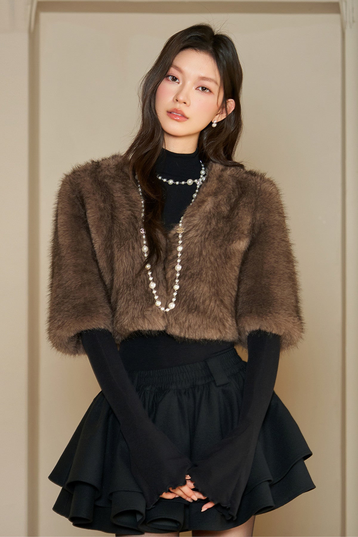 Brown Eco-Fur V-Neck Cape