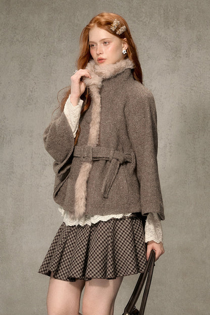 Floral Fur Collar Woolen Cape