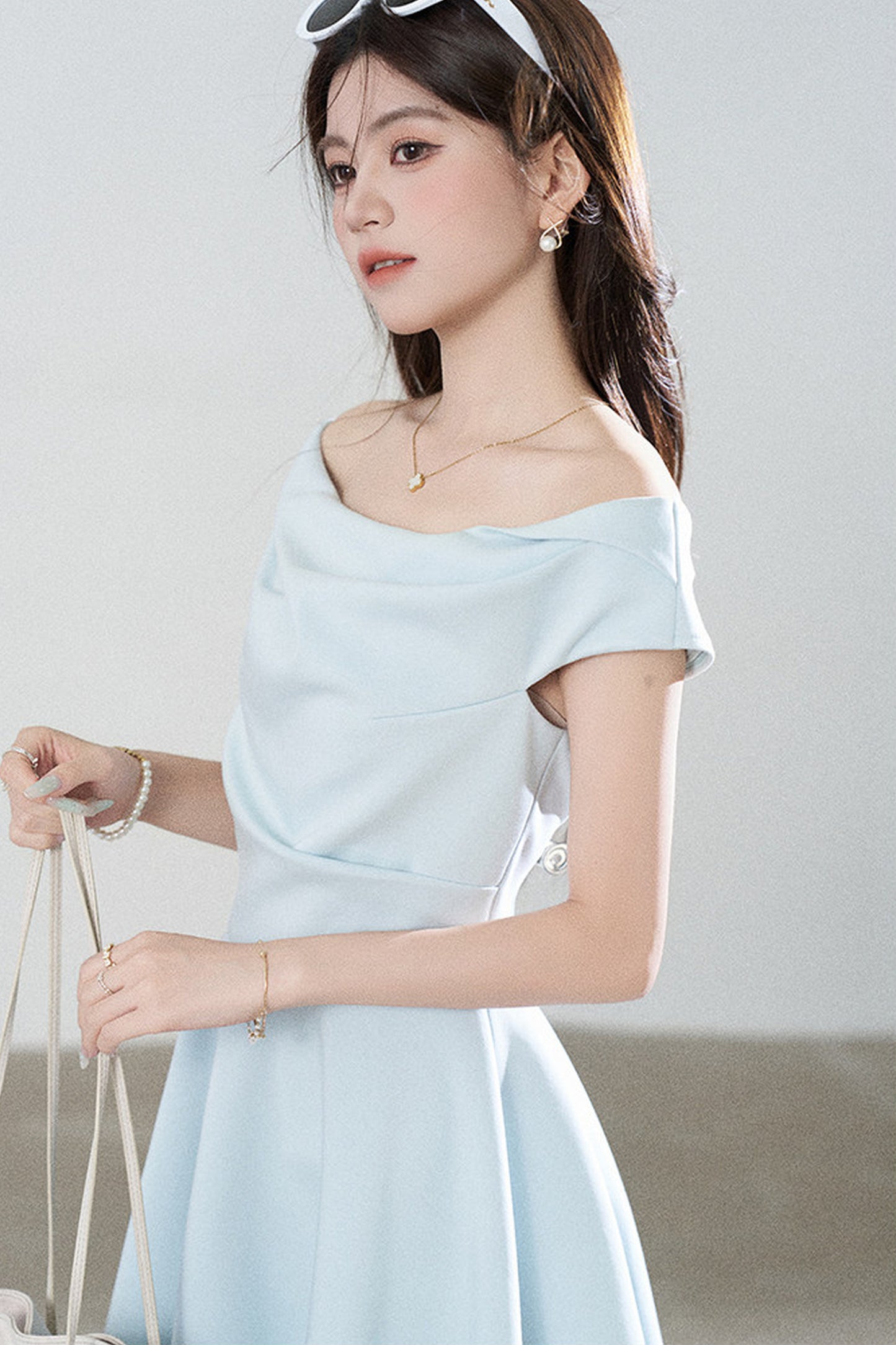 Lake Green Tencel Off-Shoulder A-Line Dress