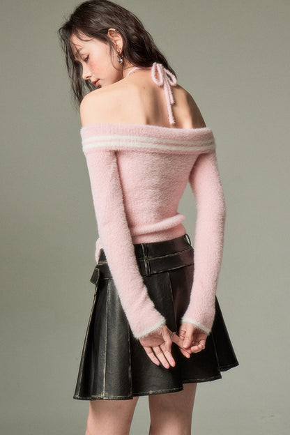 Rose Cross-Strap Off-Shoulder Sweater