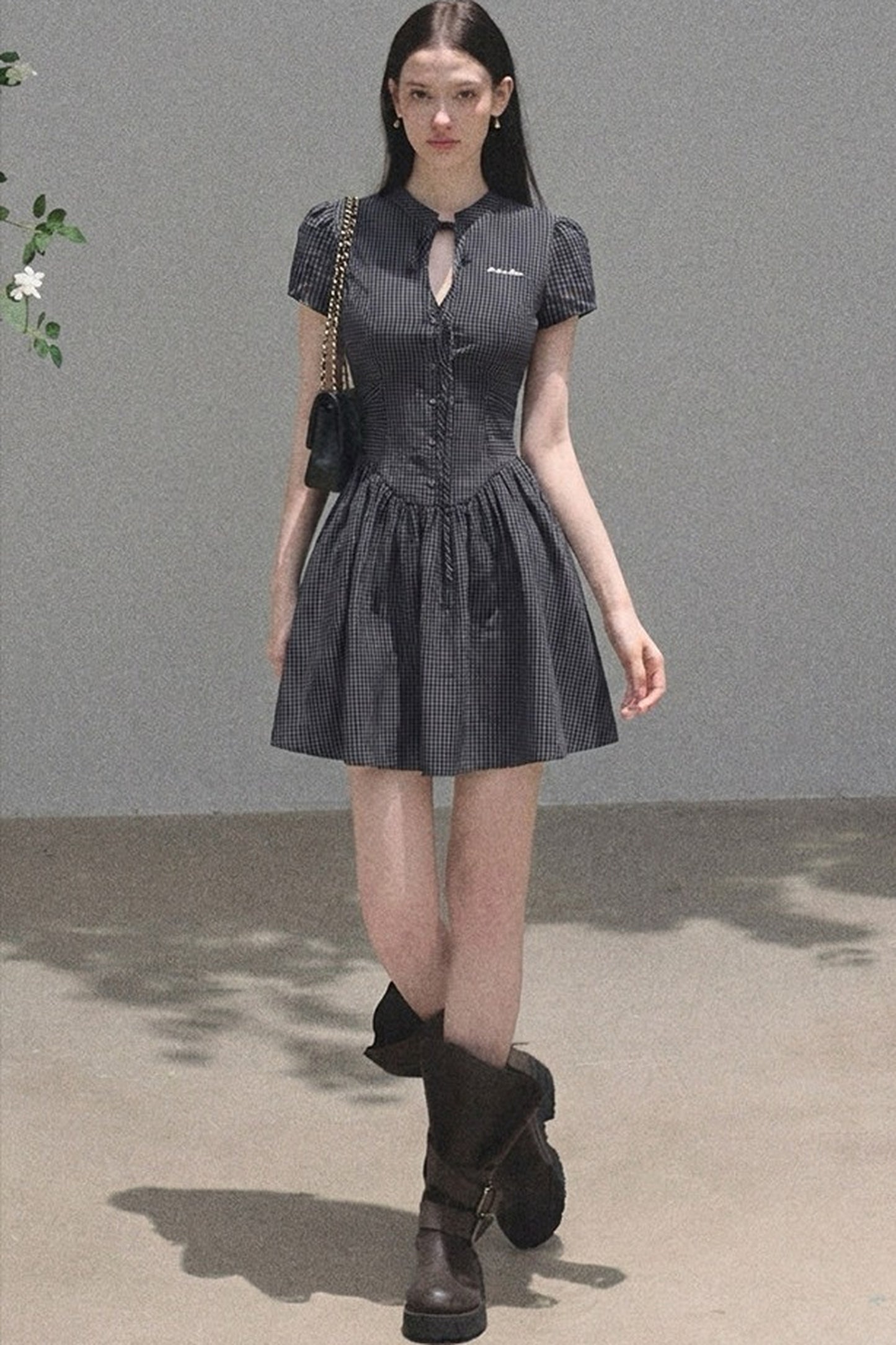 Short Sleeve Waist-Cinching Plaid Dress