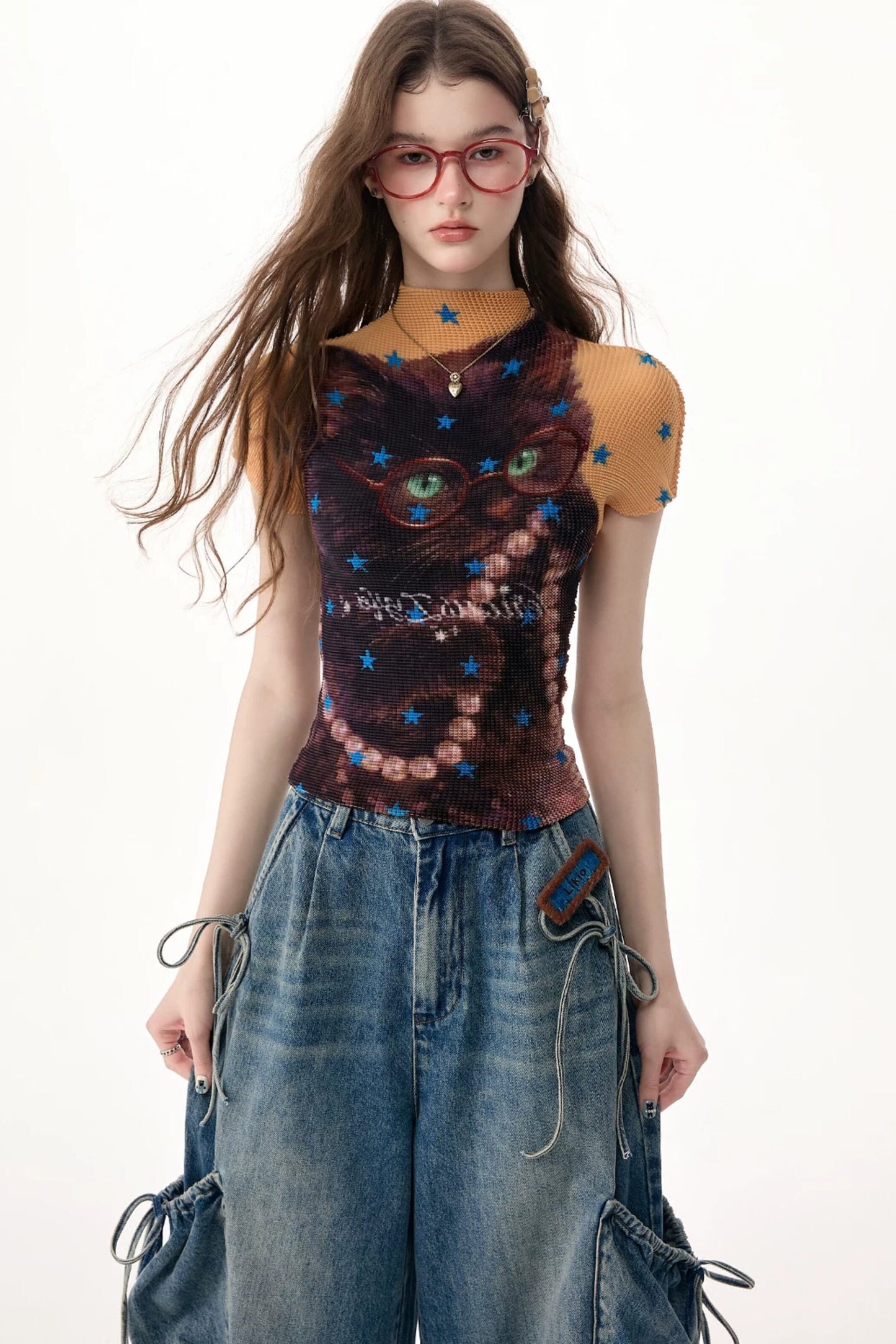 Yellow Star Cat Print Short Sleeve Top