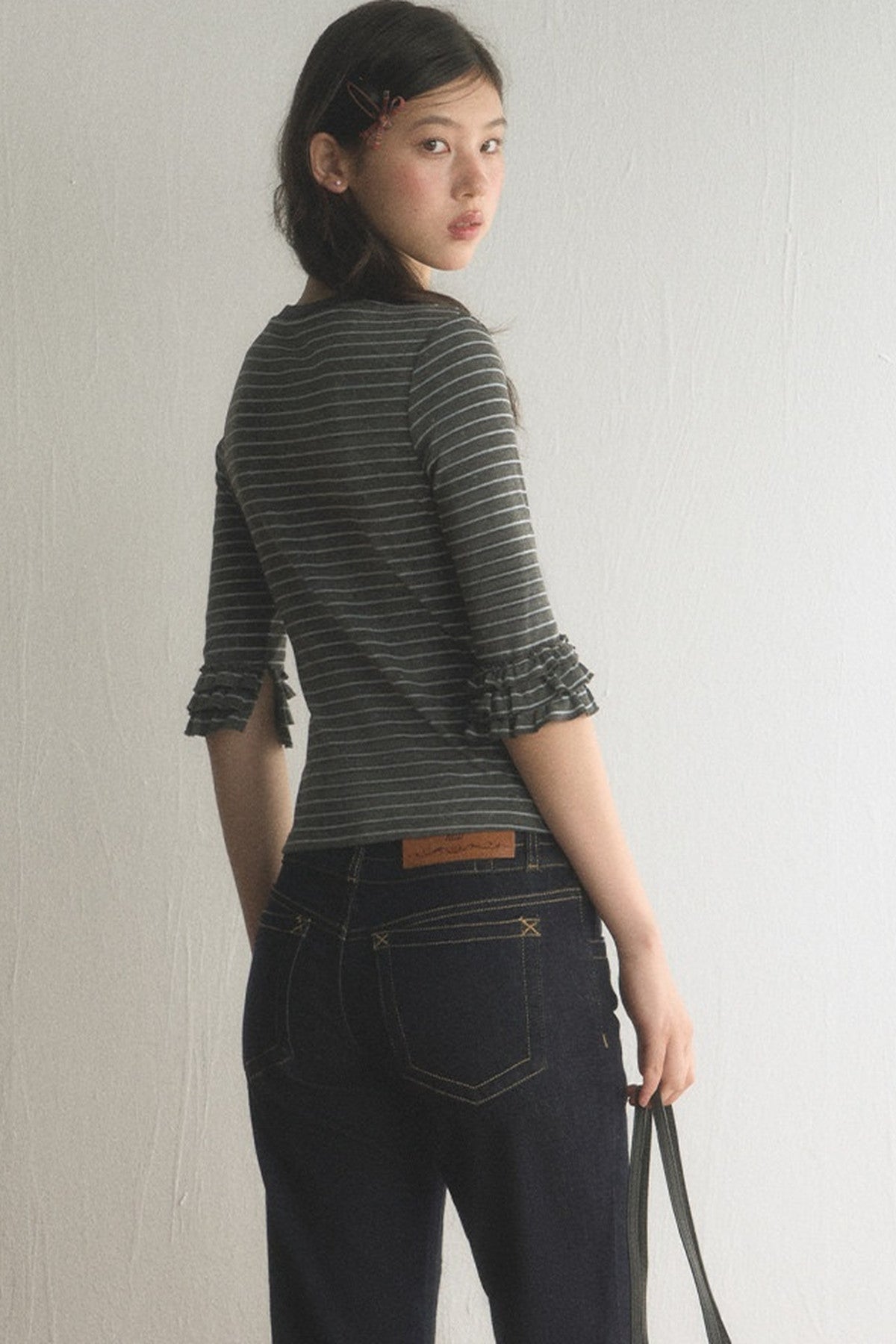 Striped Ruffled Patchwork Mid-Sleeve Top and Pants Set-Up
