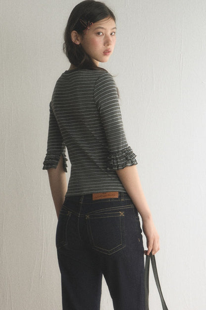 Striped Ruffled Patchwork Mid-Sleeve Top and Pants Set-Up