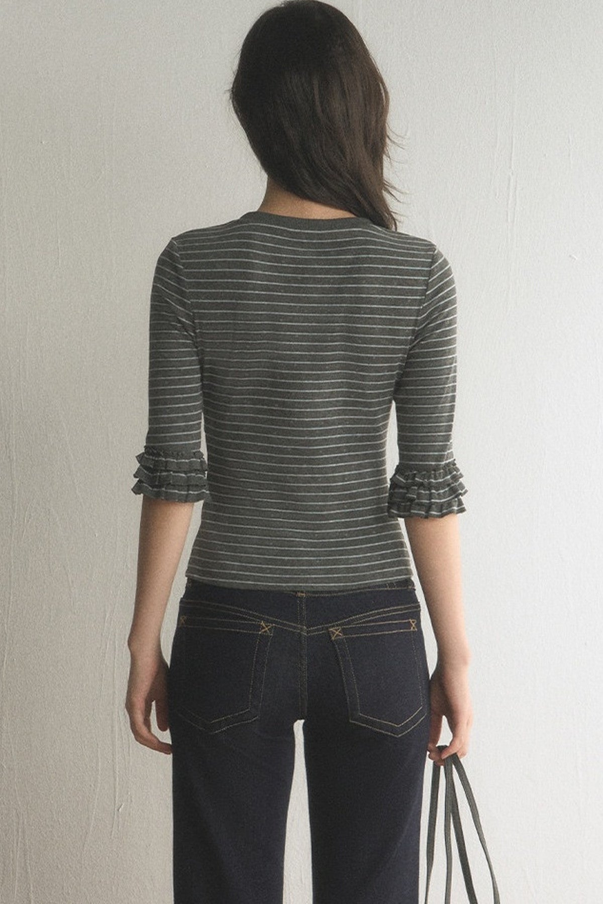 Striped Ruffled Patchwork Mid-Sleeve Top and Pants Set-Up