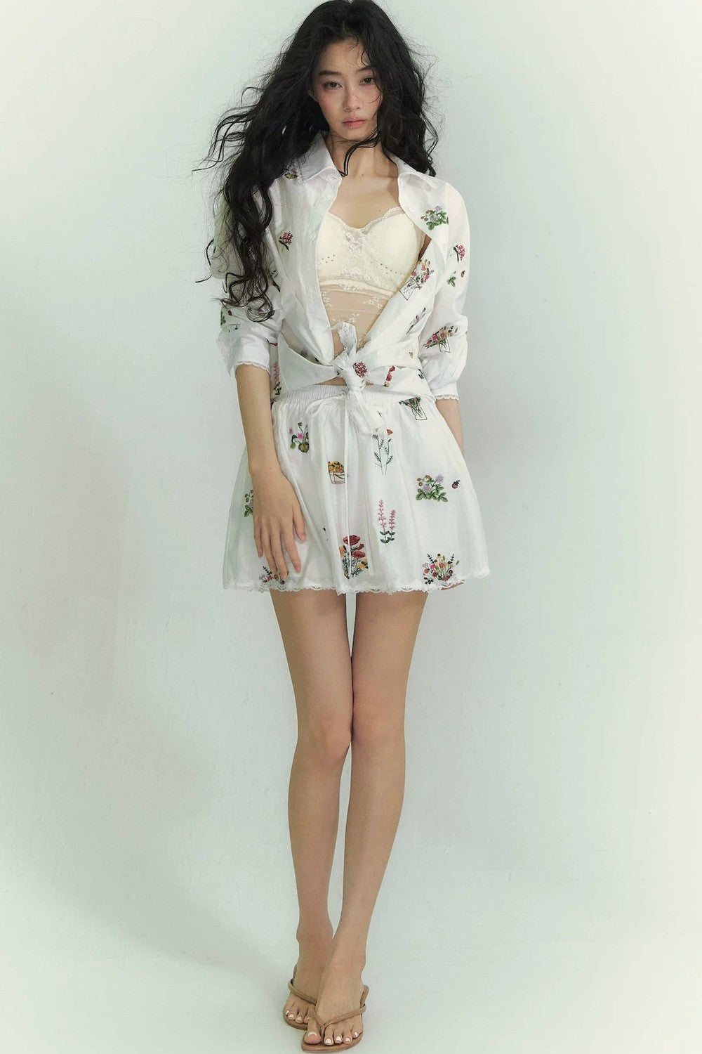 Floral lace embroidered blouse and skirt set