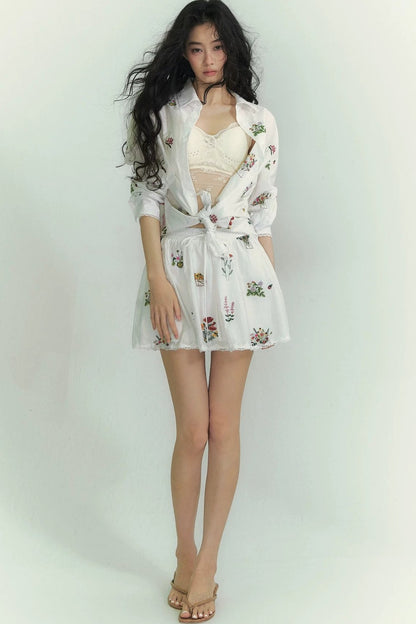 Floral lace embroidered blouse and skirt set