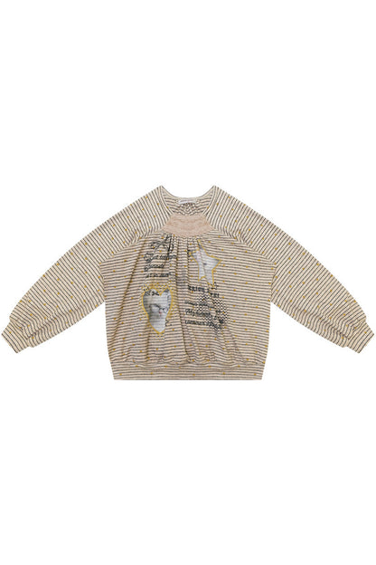 Striped Cat Print Round Neck Sweatshirt