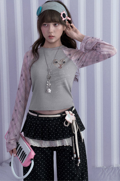 Gray Pink Cat Print Raglan T-shirt