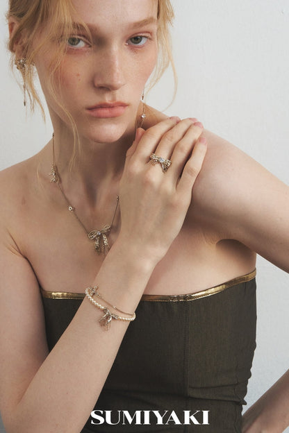 Lace Bow Double-Layered Pearl Bracelet