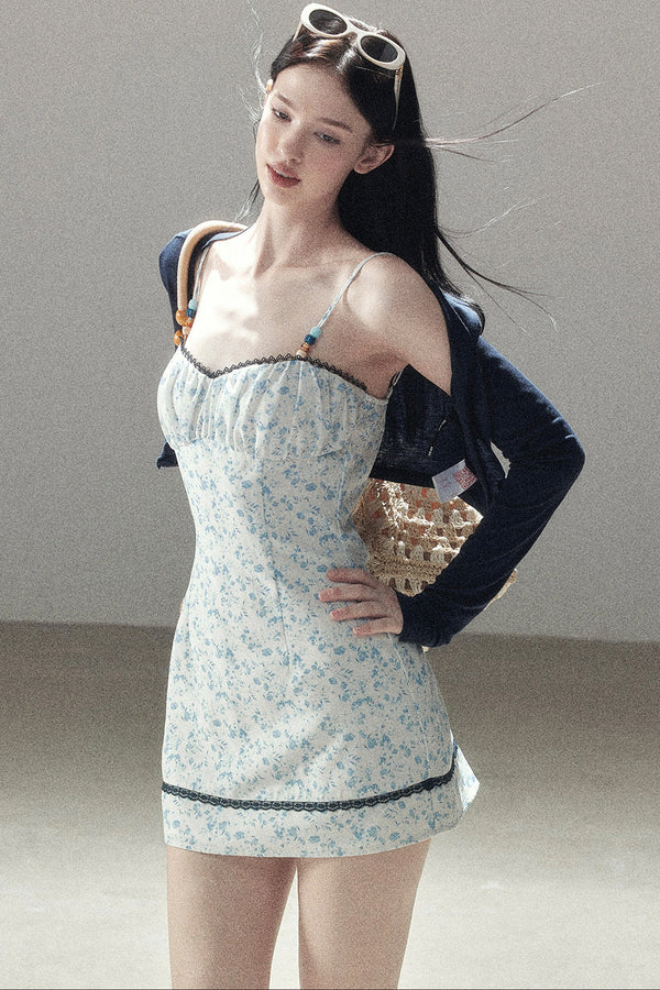 Blue Iris Floral Spaghetti Strap Dress and Cardigan Set-Up