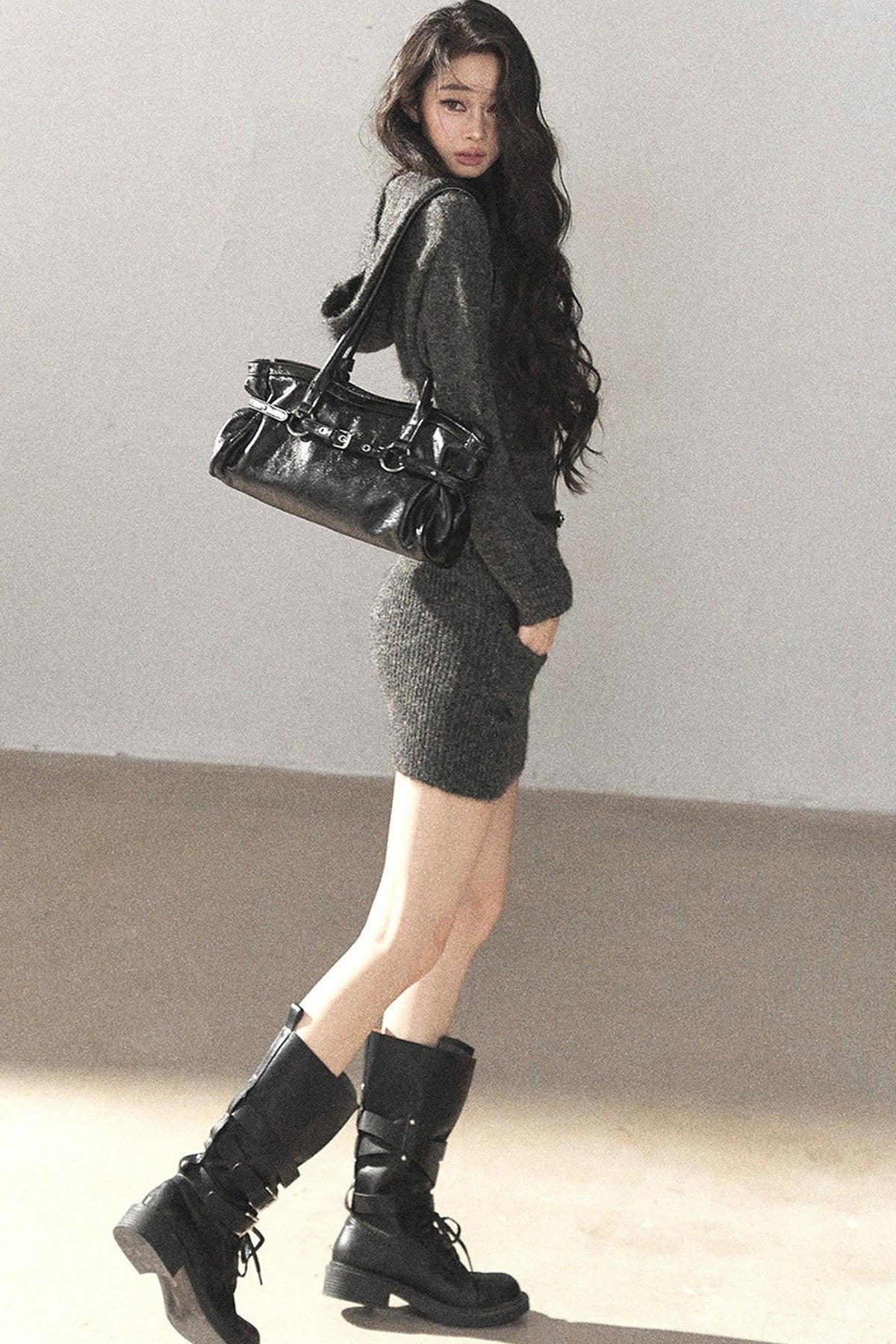 Whale Gray Wool Hooded Bodycon Sweater Dress