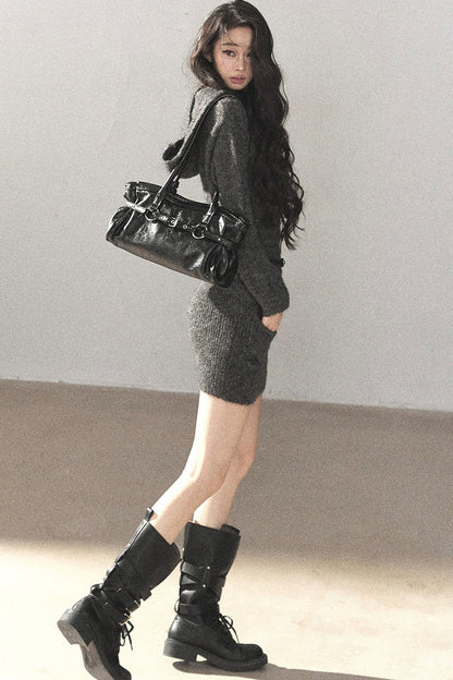 Whale Gray Wool Hooded Bodycon Sweater Dress
