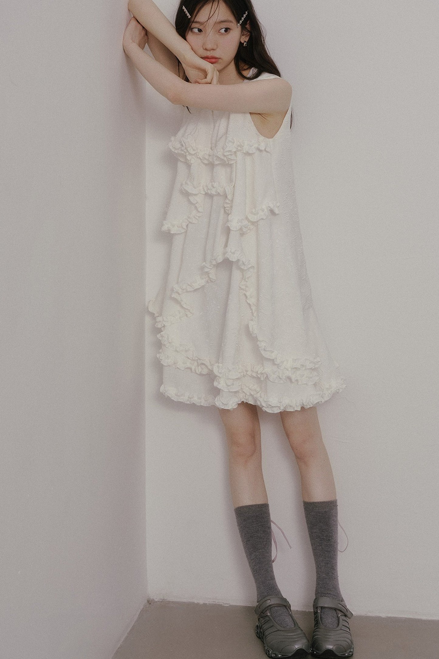 White Irregular Ruffle Dress
