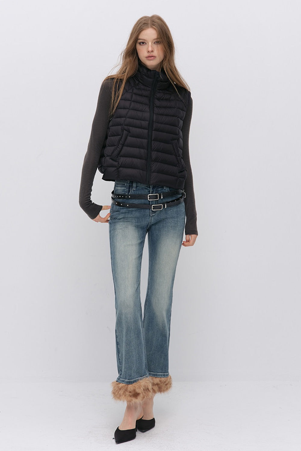 Detachable Frayed Hem Washed Flared Jeans