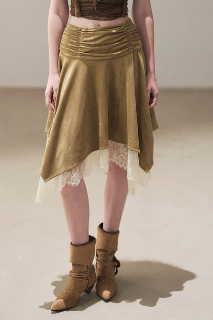 Irregular Faux Suede Lace Skirt