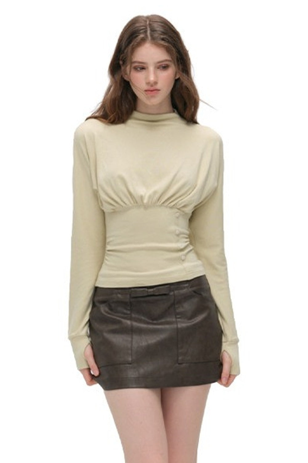 Pleated Side Button Knit Top and Skirt Set-Up