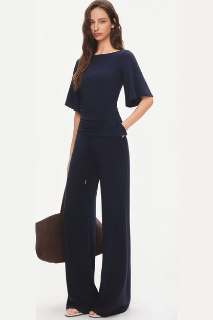 Ruched Modal Cotton Top and Wide-Leg Pants Set-Up