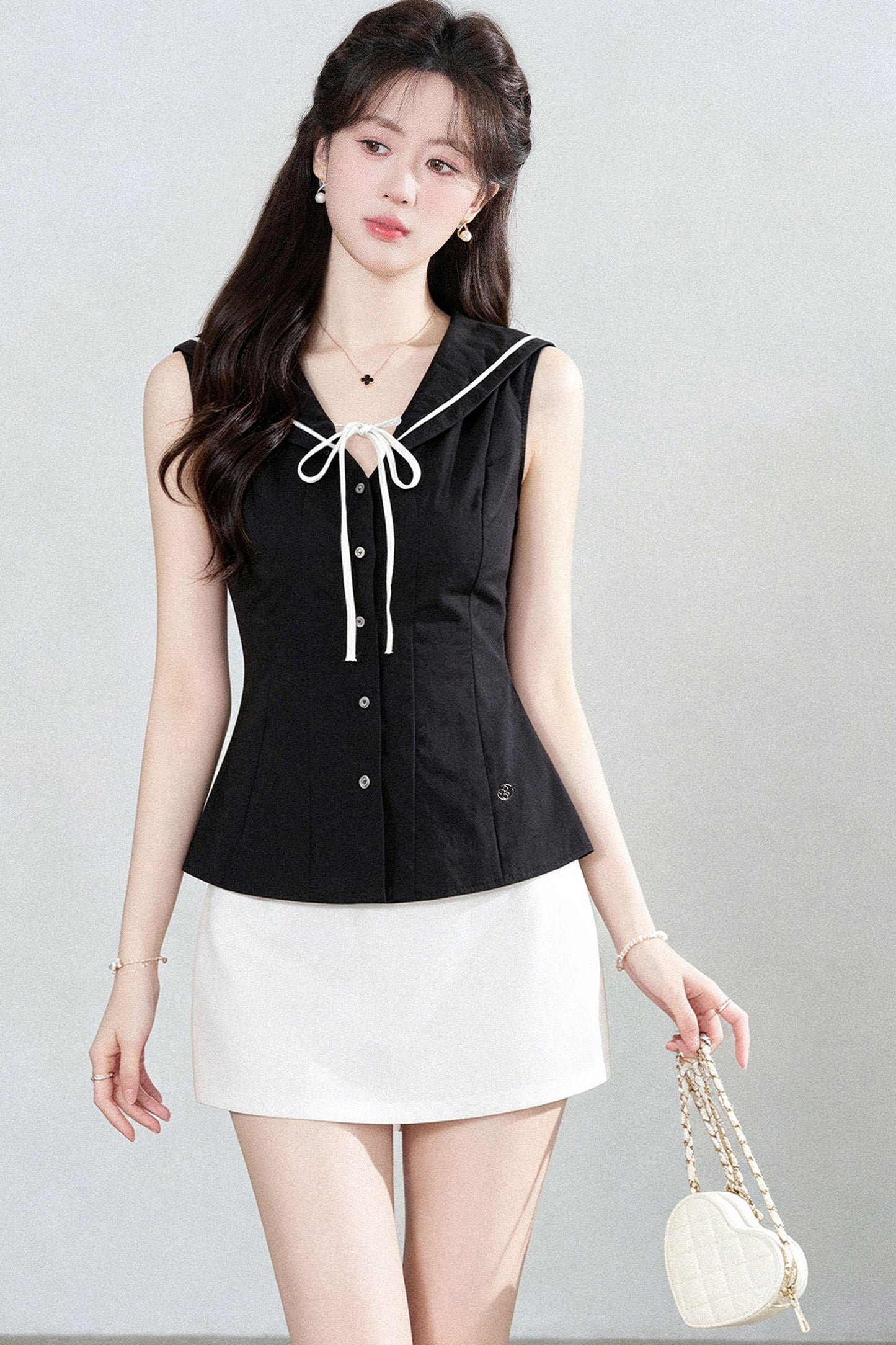 Sleeveless Sailor Collar Shirt and Skirt Set