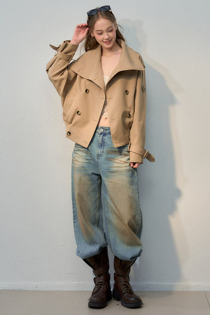 Short Double-Breasted Khaki Trench Coat