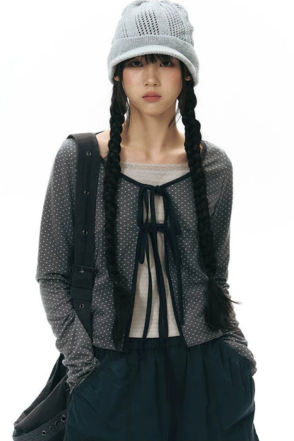 Lace-Up Ruffle Knit Cardigan