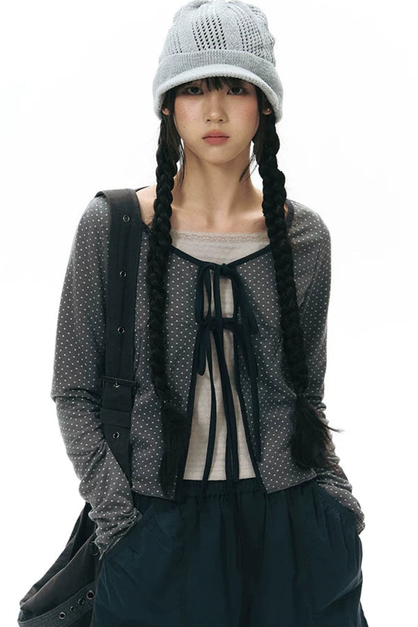 Lace-Up Ruffle Knit Cardigan