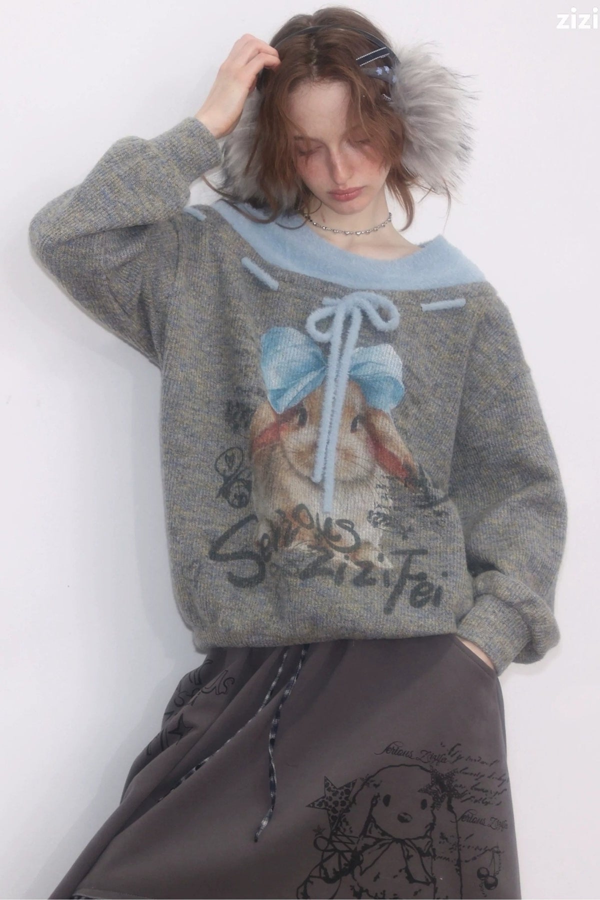 Rabbit Print Bow Knit Sweater