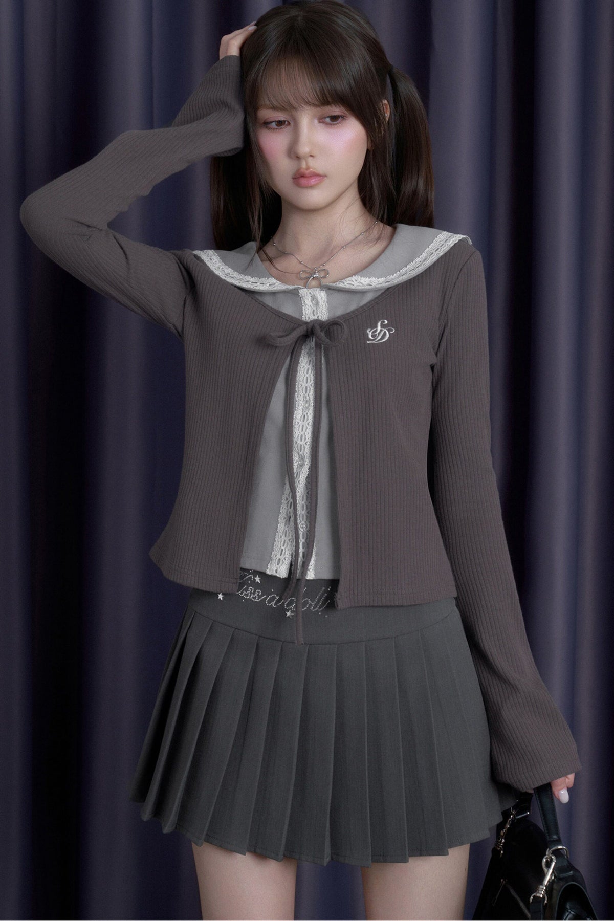 Gray Lace Sailor Collar Top and Skirt Set-Up