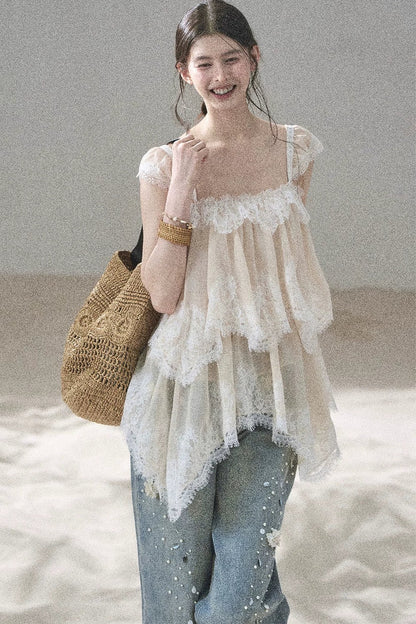 Asymmetric French Lace Mesh Top Set