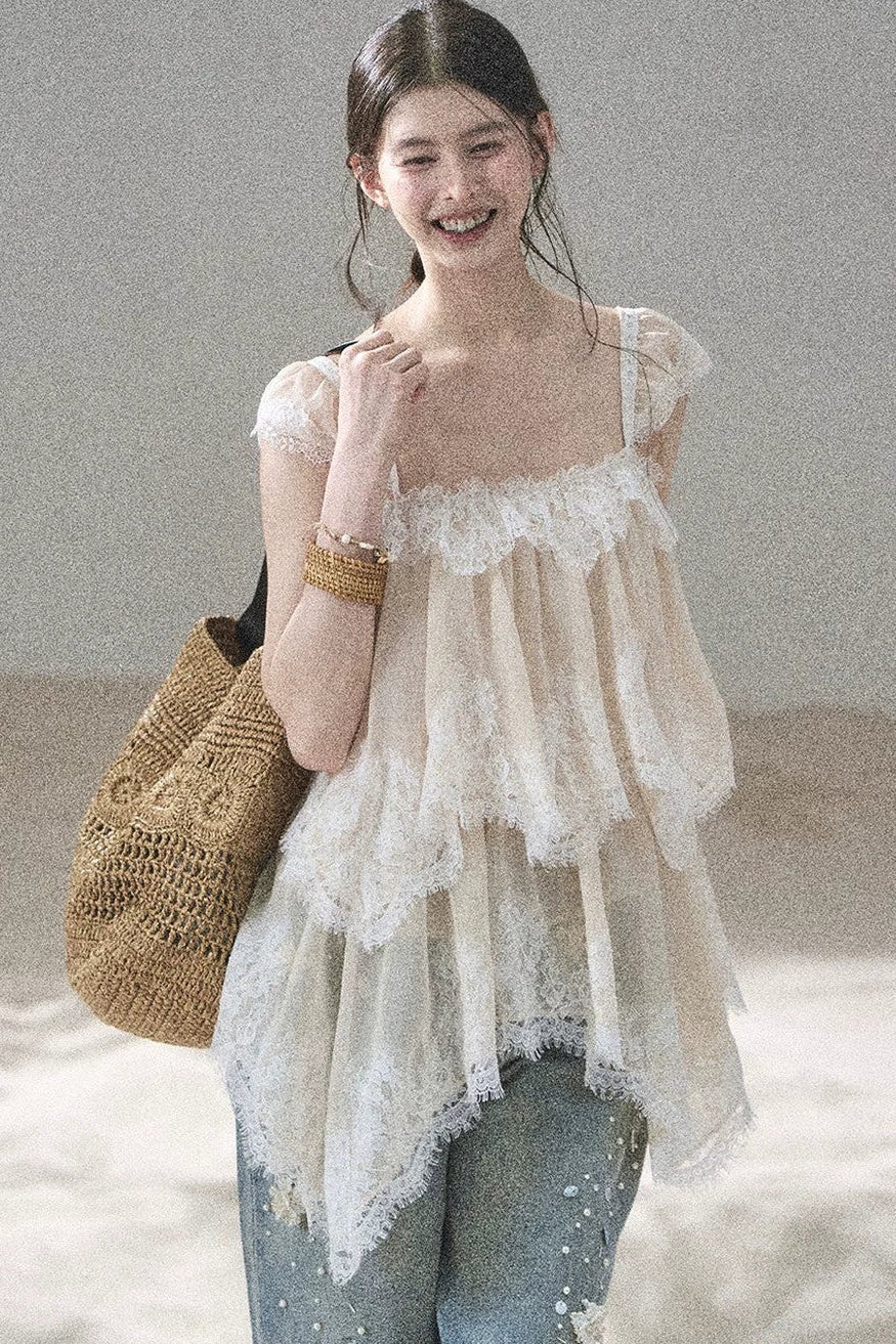 French Irregular Lace Mesh Top Set-Up