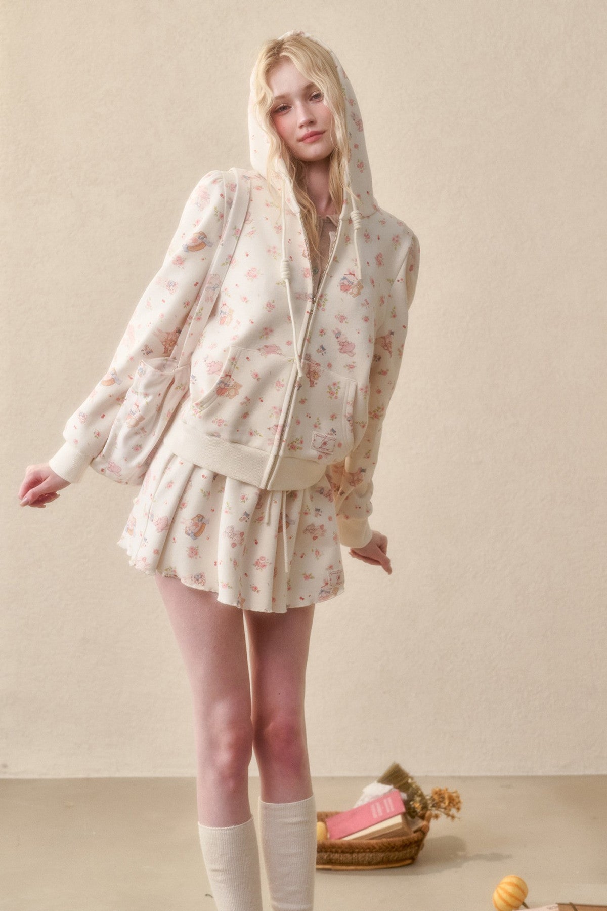 Bunny Print Hoodie Skirt Set-Up