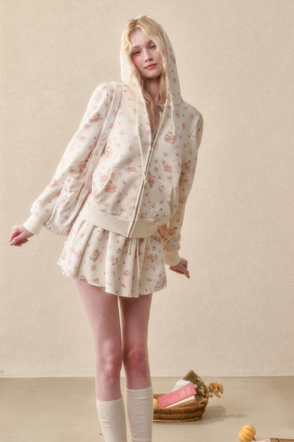 Bunny Print Hoodie Skirt Set-Up