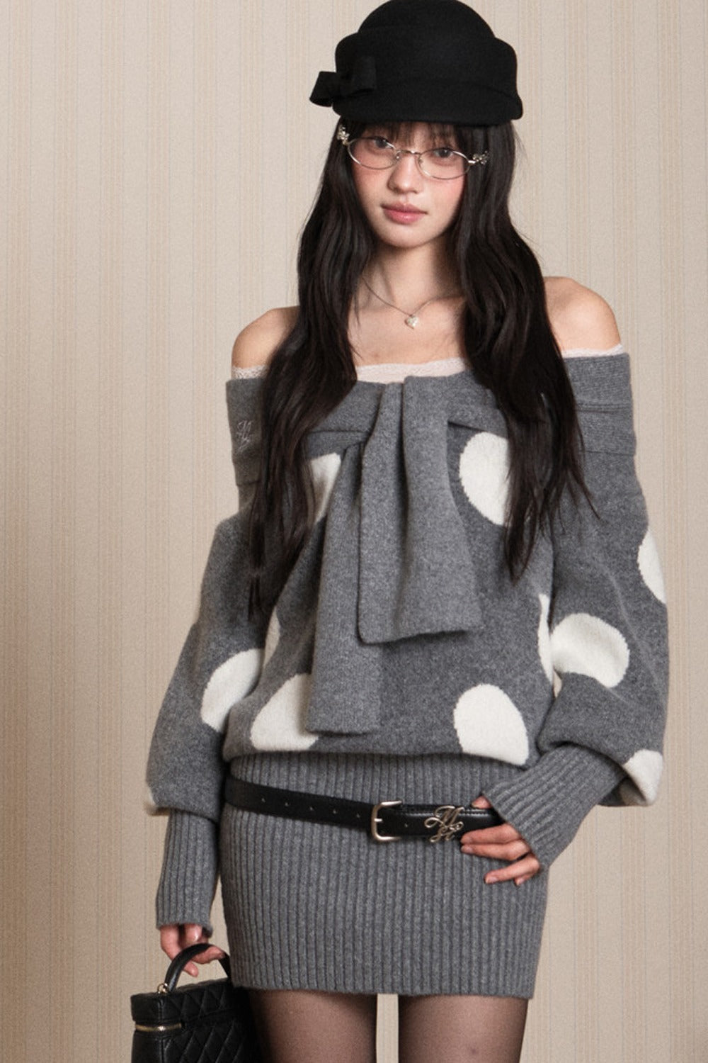 One-Shoulder Lace Knot Sweater Dress
