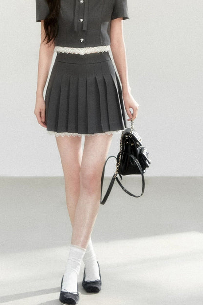 Pleated Short Sleeve Skirt Suit Set-Up