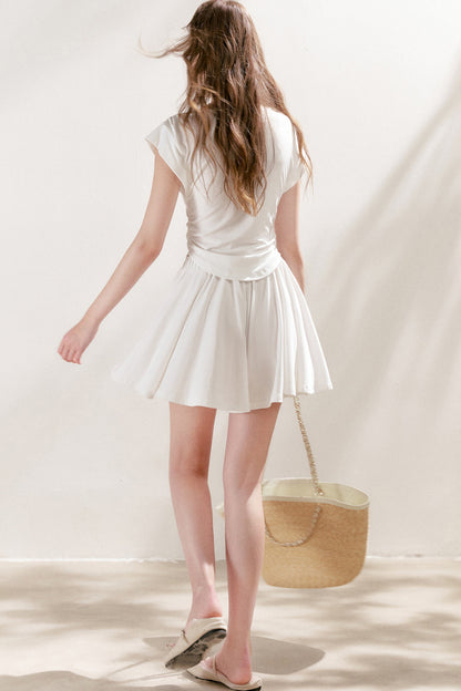 Lace Trim Tie-Up Top and High-Waisted Skirt Pants Set